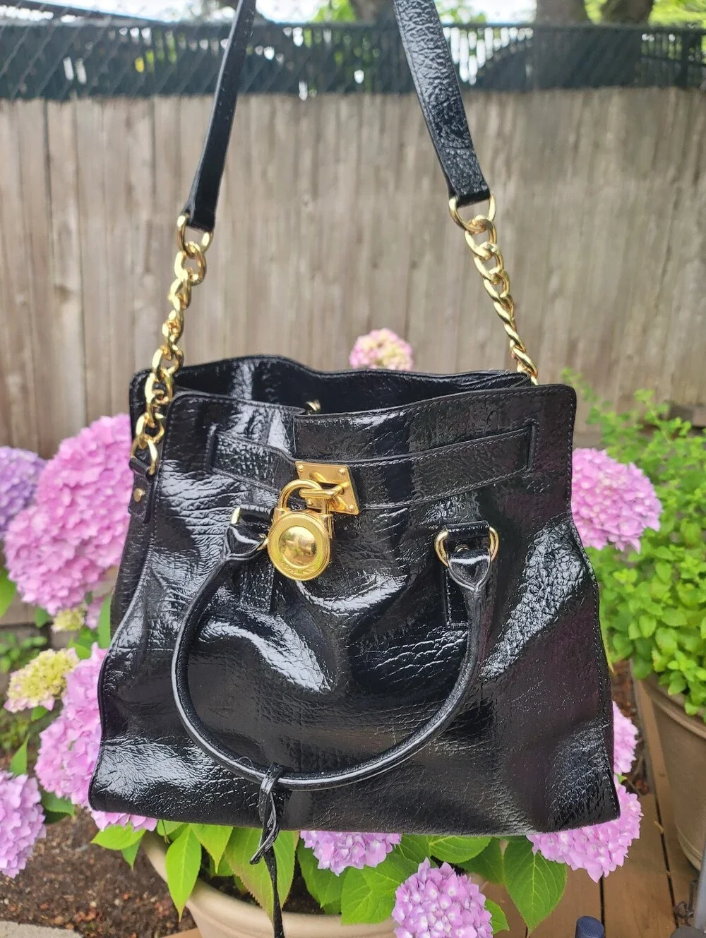 MK Black Patent Leather Tote Handbag with Gold Hardware
